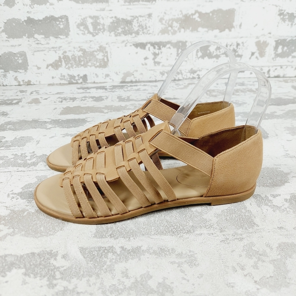New Eileen Fisher Rato Tan Leather Strappy Gladiator Flat Slip On Sandals T578